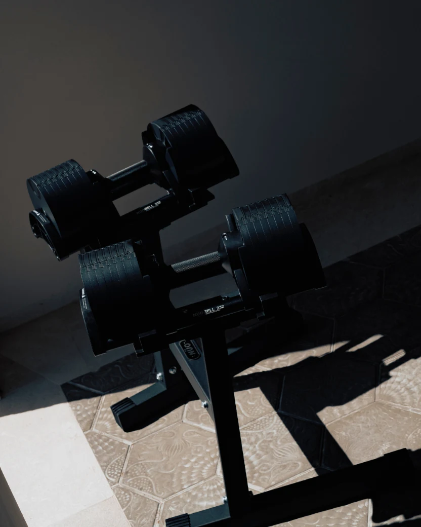 A pair of NÜOBELL adjustable dumbbells resting on a compact floor stand.